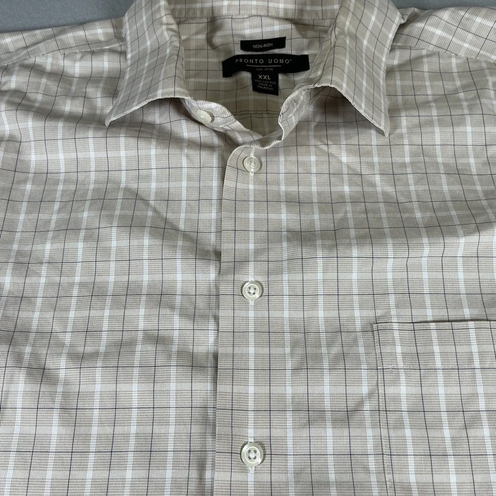 Pronto Uomo Mens XXL Tan Plaid Non-Iron Cotton Long Sleeve Dress Shirt Button Up
